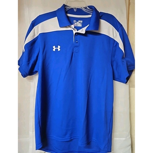 Under Armour  Logo White &  Blue Polo Men's Med Quarter Button Up Loose Heat Gea - Picture 1 of 3